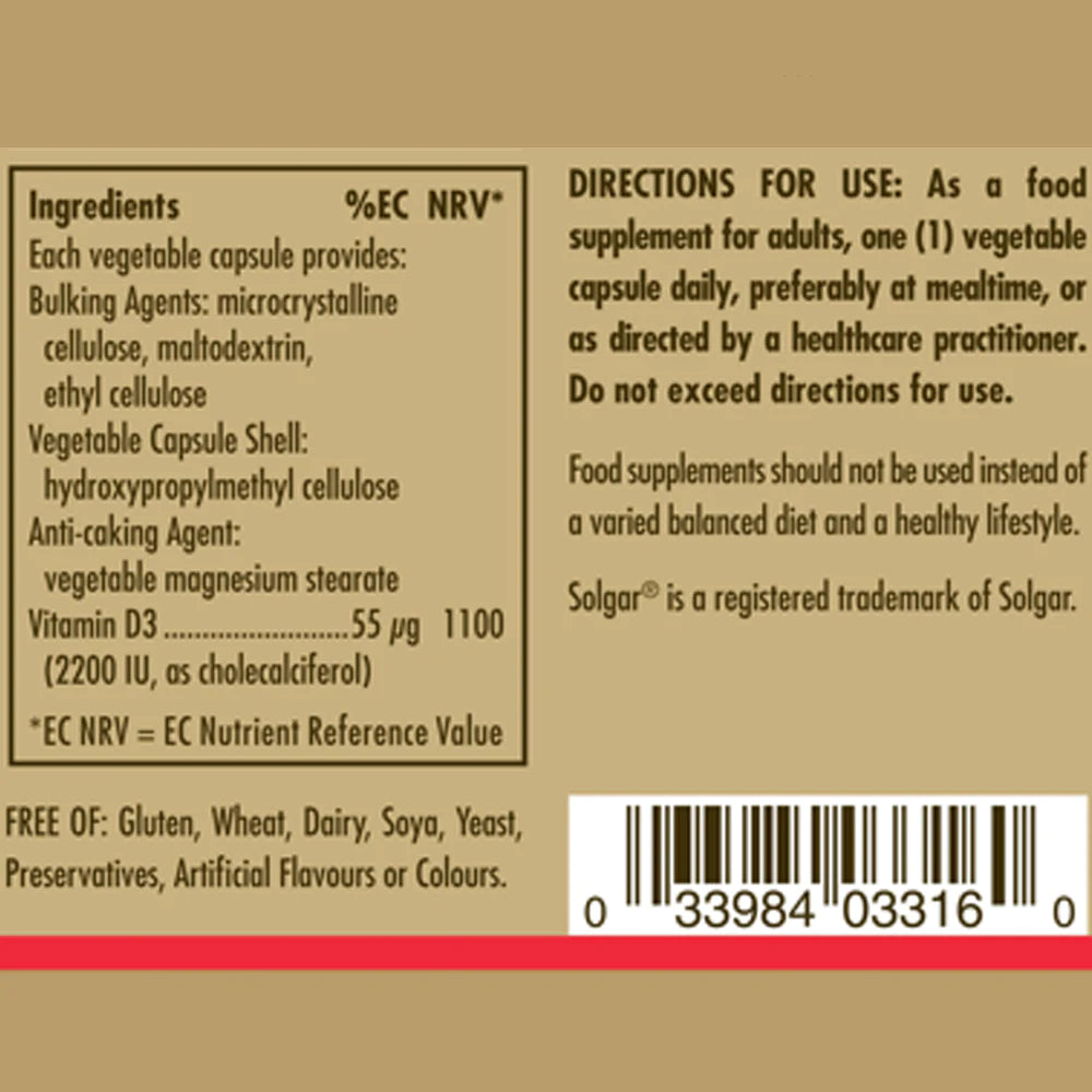 Solgar Vitamin D3 (Cholecalciferol) 2200 IU (55 mcg) Vegetable Capsules