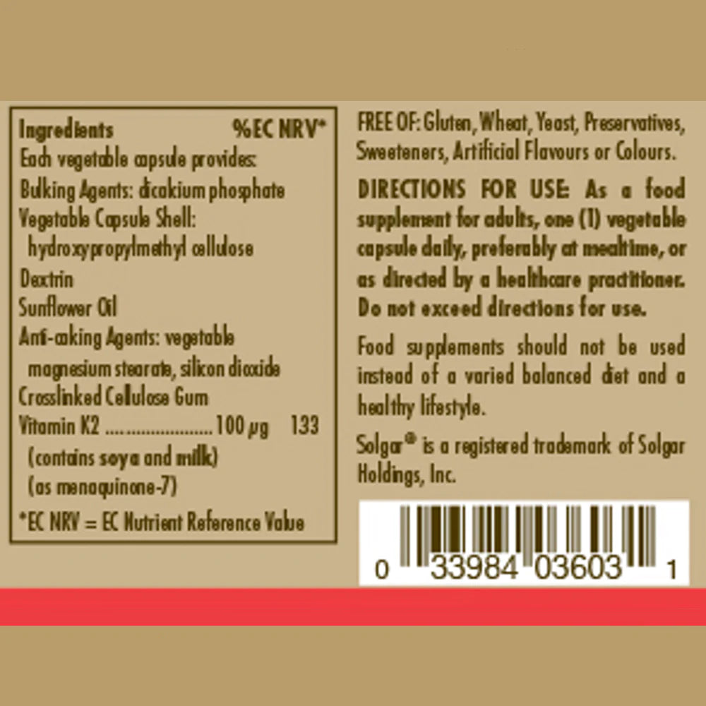 Solgar Natural Vitamin K2 (MK-7) 100 mcg Vegetable Capsules