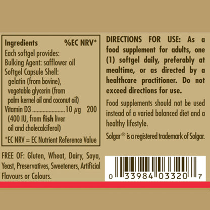 Solgar Vitamin D3 400 IU (10 mcg) Softgels