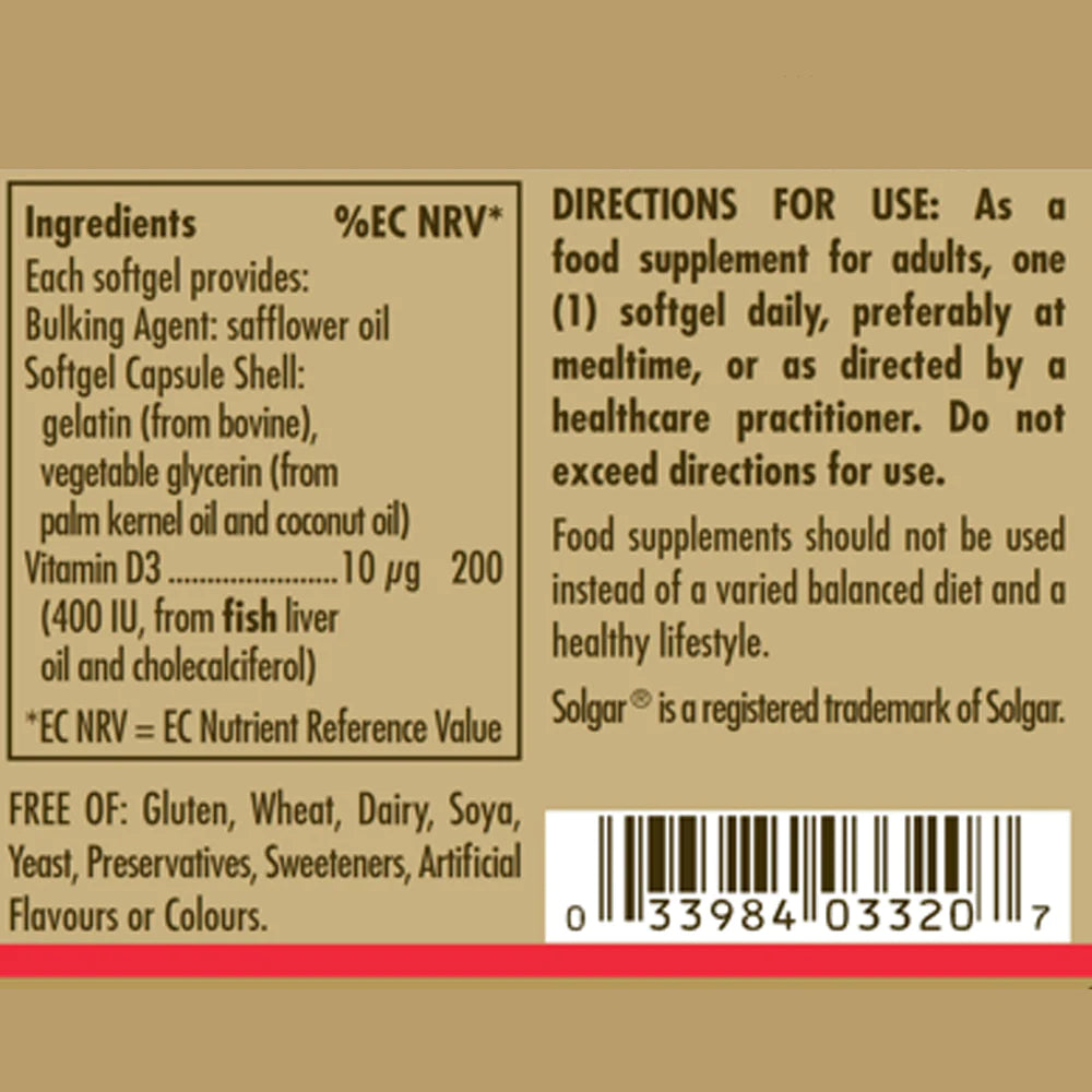 Solgar Vitamin D3 400 IU (10 mcg) Softgels